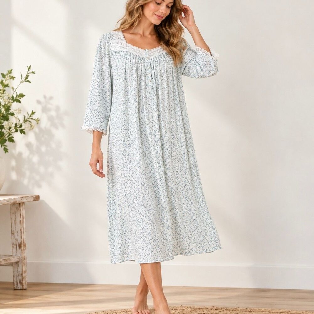 Eileen West Blue Floral Lace Long Sleeve Nightgown Sz L Cottagecore Romantic